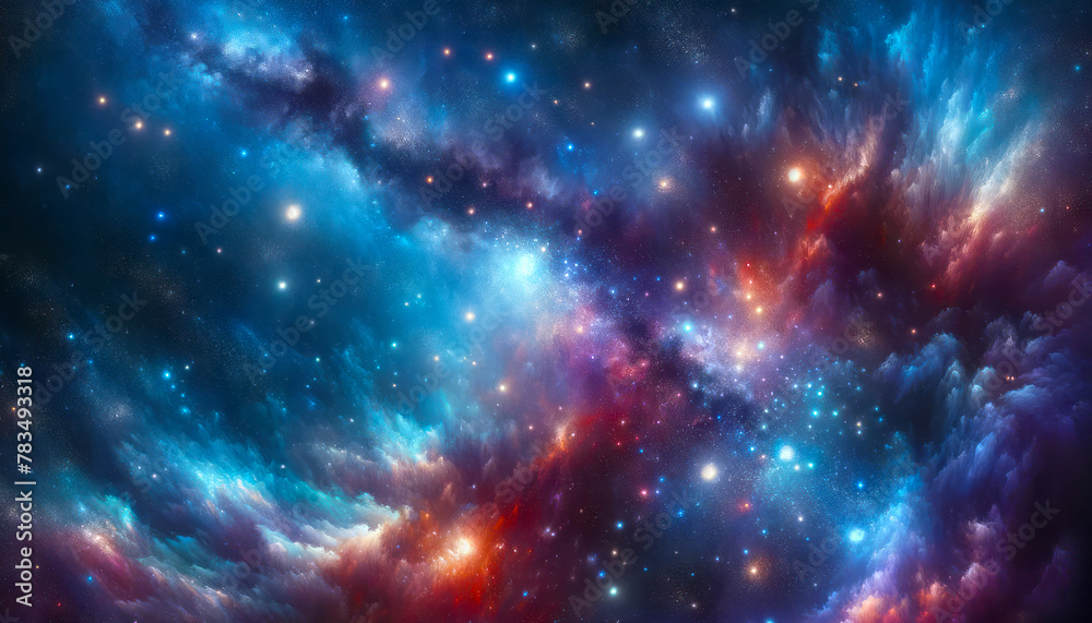Poster a vibrant cosmic space scene with stars and nebulae in blues and reds, set against a dark background