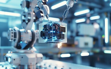 A close-up of an industrial robotic arm holding a cube glass box containing a microchip. A robotic arm holds a three-dimensional rendering of a cube of glowing microchips, blurring a futuristic labora
