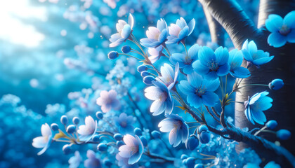 Vibrant blue cherry blossoms on a branch against a magical bokeh background symbolizing spring's arrival. Generative AI - obrazy, fototapety, plakaty