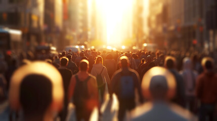 Crowded street scene with people walking towards sunset, warm colors, urban background, concept of busy city life, Generative AI. Generative AI - obrazy, fototapety, plakaty
