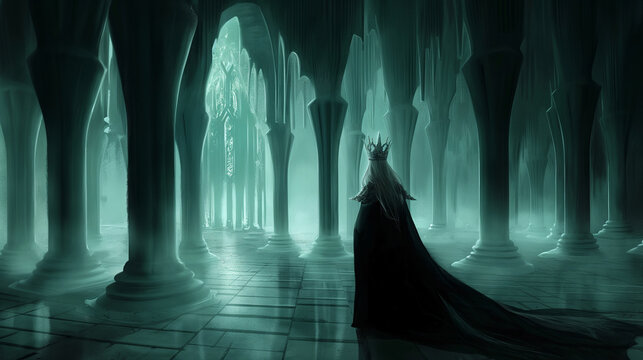 A Queen Standing Alone Within a Frozen Castle Fantasy Art