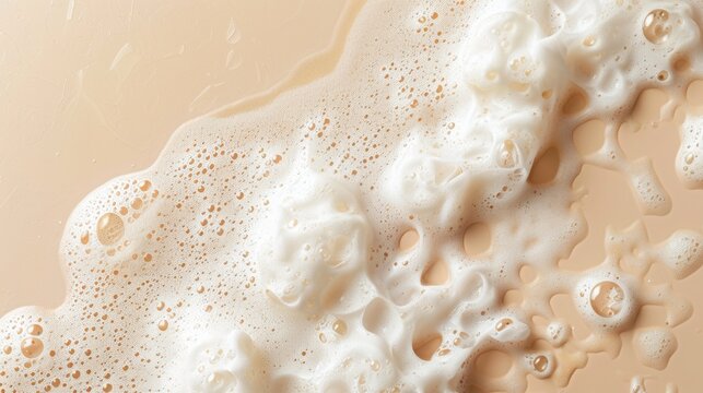spot of shampoo foam on a beige background. top view. studio photoshoot with high quality lighting