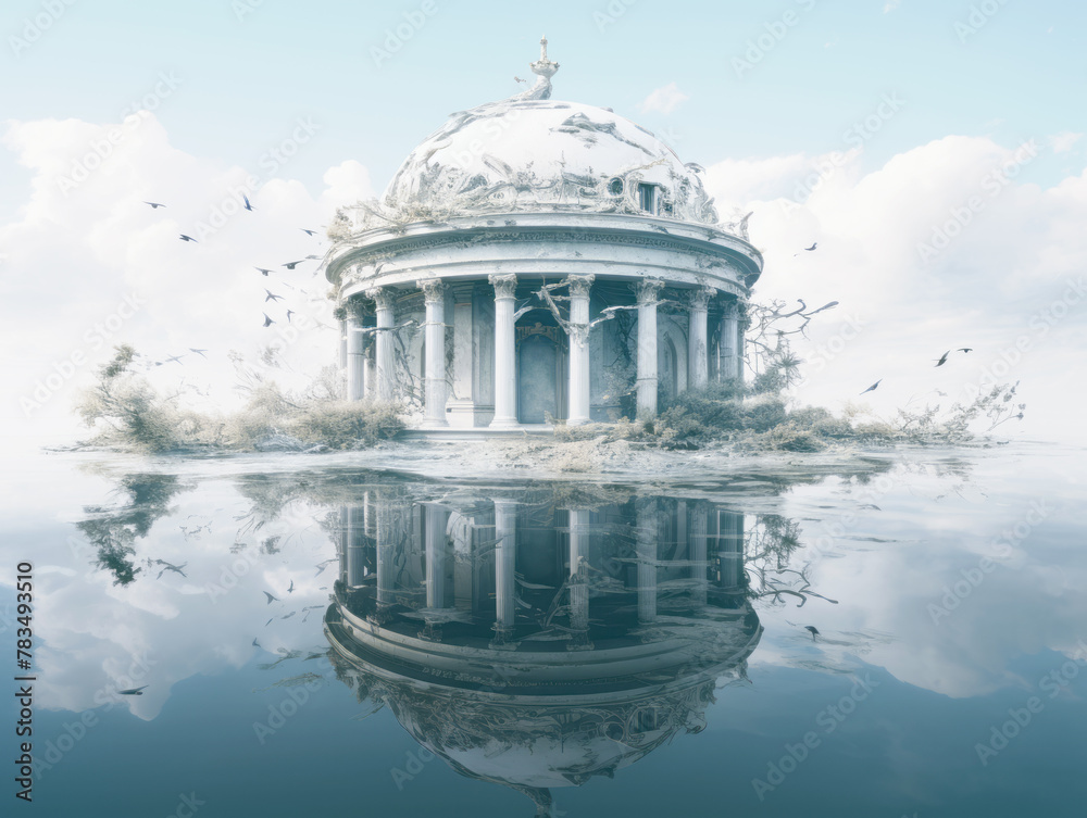 Leinwandbilder an overgrown classical building reflected in water, surrounded by birds and clouds, with a creative 