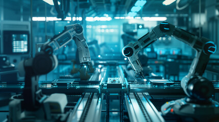 Industrial Robot Arm in a Manufacturing Facility. A robotic arm operates with precision on a factory floor, showcasing the integration of automation in modern manufacturing.	
