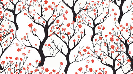 Stylized Trees with Red Blossoms on White Background
