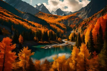 Majestic mountains adorned with the vibrant colors of autumn, a painter's palette.