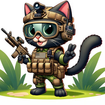 A cartoon of a cat dressed in military tactical gear, complete with night vision goggles and a rifle, ready for a mission