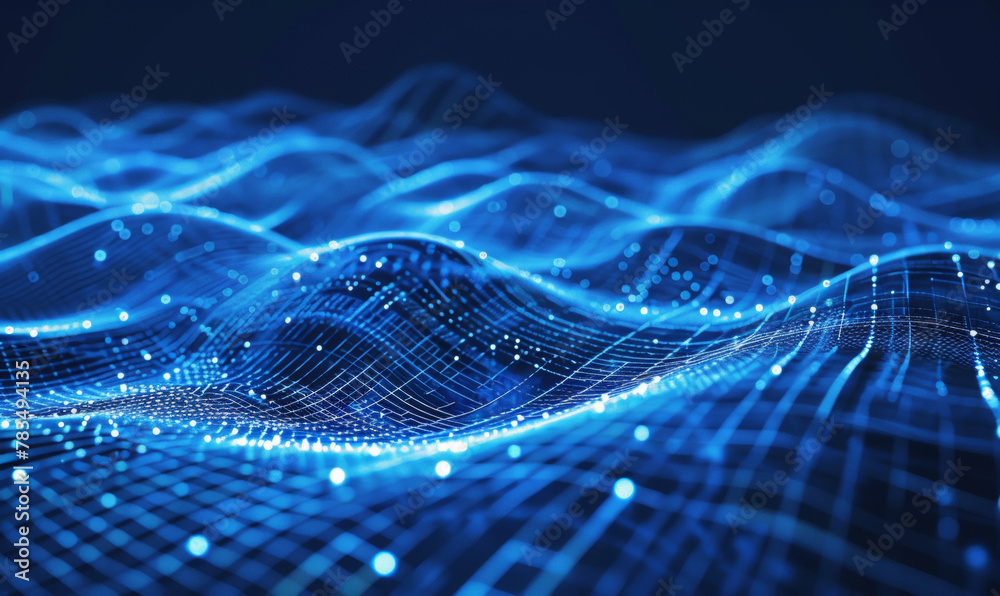 Aufkleber abstract cyberspace blue waves with digital particles and bokeh