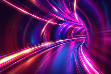 Futuristic tunnel made of glowing neon purple and violet lines. Abstract motion background