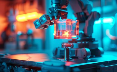 A close-up of an industrial robotic arm holding a cube glass box containing a microchip. A robotic arm holds a three-dimensional rendering of a cube of glowing microchips, blurring a futuristic labora