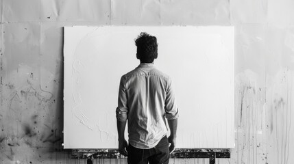 A black and white portrait of a musician standing in front of a blank canvas with a paintbrush in...