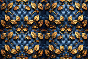 seamless pattern with golden leaves on tree branches on dark blue background