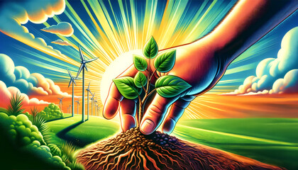 A hand nurturing a young plant with wind turbines in the background, depicting the harmony between human intervention and renewable energy for a sustainable future - obrazy, fototapety, plakaty