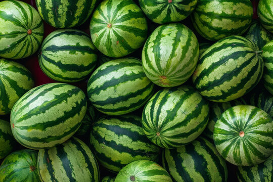 Watermelons background. a lot of ripe striped watermelons at the market