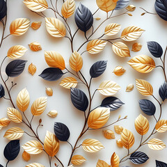 seamless pattern with golden leaves on tree branches on white background for the decoration of wrought iron grilles