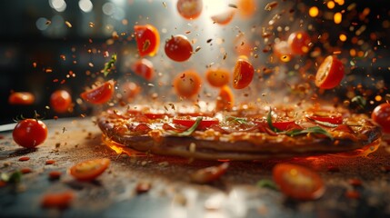 falling pizza food photo falling pizza layers with realistic aesthetic detailed effects winning photo - obrazy, fototapety, plakaty