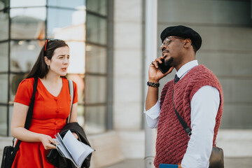 Colleagues discussing work on a busy day, with a man on his phone and a woman holding papers