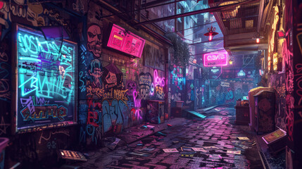 Fototapeta na wymiar A cyberpunk street scene with graffiti-covered walls and neon signs