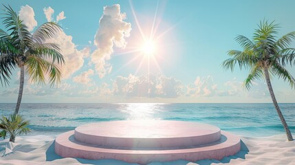 Picture a beach stage podium, where the sand acts as a platform for summer sales. The backdrop of sky, sun, and sea adds to the allure of holiday offers. - obrazy, fototapety, plakaty