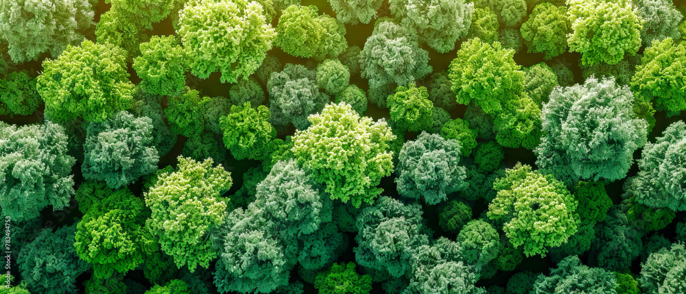 Poster Top view of a dense, green forest with sunlight and shadows, creating a natural concept on a bright day, Generative AI. Generative AI