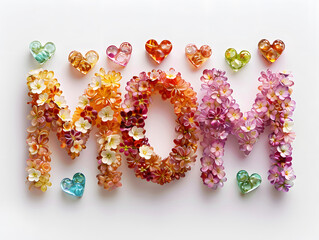 The word "mom" spelled out with colorful flowers on a white background.