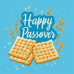 Happy Passover greeting card or banner with matzah.  Lettering, bread and floral decorations isolated on blue background. Jewish holiday background. Modern brush calligraphy