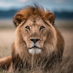 Closeup of Lion in Dry grass land