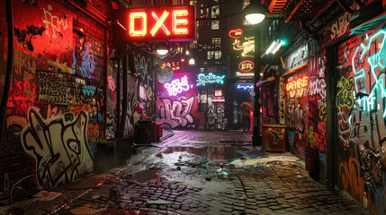 Obraz na płótnie Canvas A cyberpunk street scene with graffiti-covered walls and neon signs