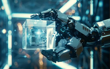 A close-up of an industrial robotic arm holding a cube glass box containing a microchip. A robotic arm holds a three-dimensional rendering of a cube of glowing microchips, blurring a futuristic labora