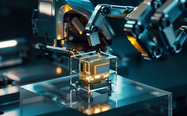 Fototapeta premium A close-up of an industrial robotic arm holding a cube glass box containing a microchip. A robotic arm holds a three-dimensional rendering of a cube of glowing microchips, blurring a futuristic labora