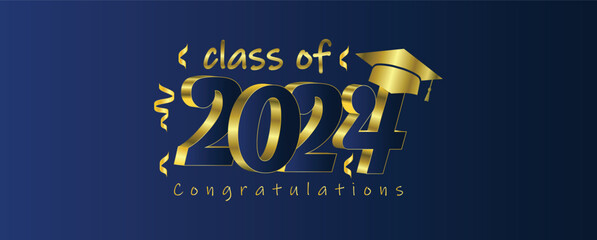 Class of 2024 concept with a graduate hat on a blue background 