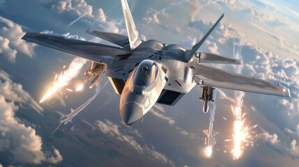 A hyperrealistic illustration of a modern fighter jet firing missiles at enemy targets below - obrazy, fototapety, plakaty