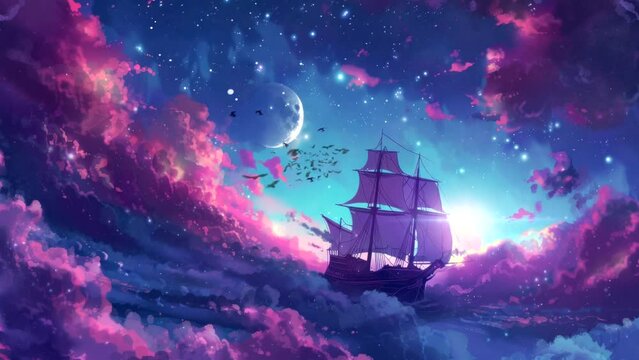 Starsail Setters: Navigating the Celestial Seas with Pirate Ships in the Night. Seamless looping time-lapse virtual 4k video animation background