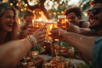 A dinner party in the outdoor courtyard with a group of friends from different nationalities - different young people sitting at tables in the bar, toasting with beer mugs in the bar garden - happy ho - obrazy, fototapety, plakaty