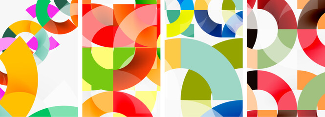 a colorful geometric pattern with circles and squares on a white background