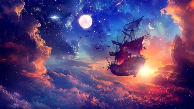 Midnight Raiders: Thrilling Moments with Pirate Ships in the Enigmatic Night Sky. Seamless looping time-lapse virtual 4k video animation background