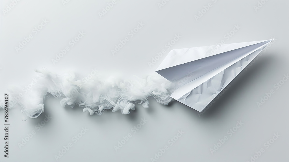 Poster A paper airplane trailing wispy clouds on a clean white background, evoking a concept of flight and creativity. Generative AI