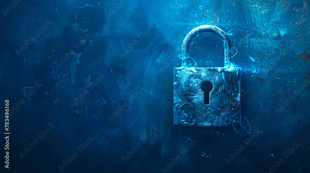 Poster An illuminated padlock on a textured blue background, representing digital security concept. Generative AI