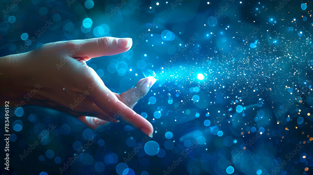 Poster a hand touching glowing particles against a blue bokeh background, symbolizing a creative technology