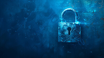 An illuminated padlock on a textured blue background, representing digital security concept. Generative AI - obrazy, fototapety, plakaty