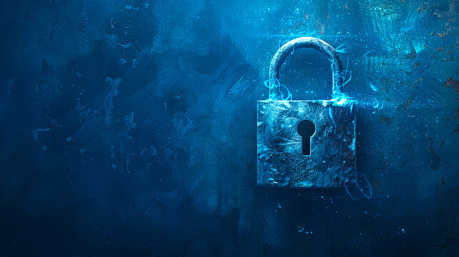 An illuminated padlock on a textured blue background, representing digital security concept. Generative AI