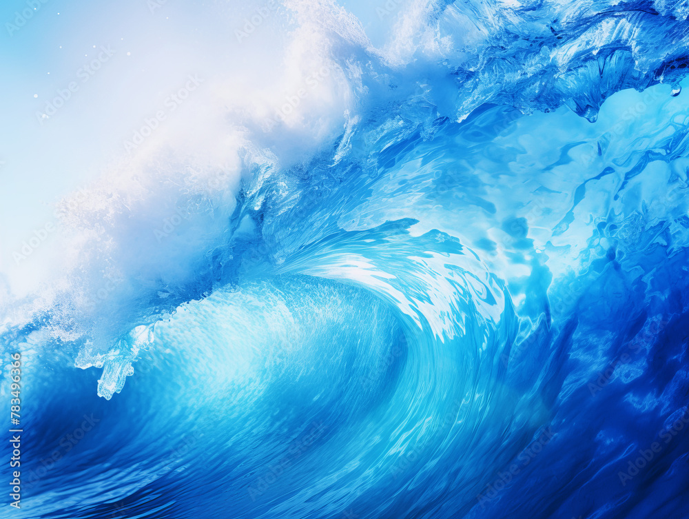 Poster a dynamic ocean wave captured in motion, in a creative artistic style, against a light background, e
