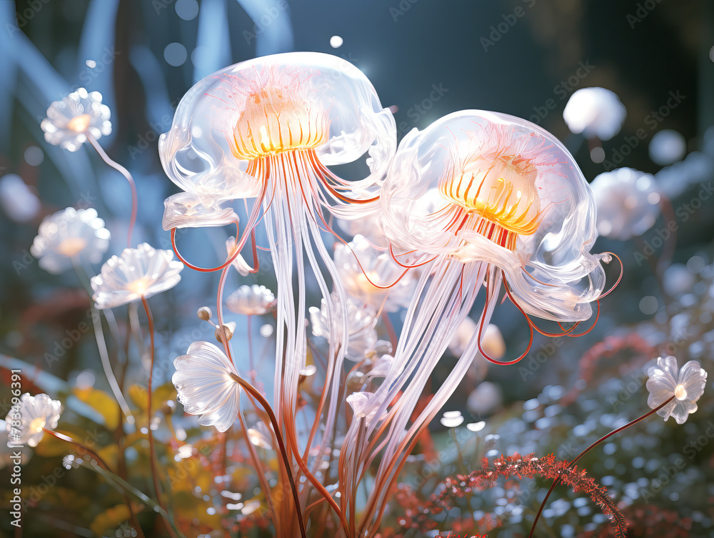 Poster jellyfish with a floral twist on a dreamy background, representing a creative concept. generative ai