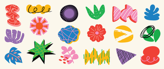 Set of abstract retro organic shapes vector. Collection of contemporary figure, flower, leaf, mountain in funky groovy style. Cute hippie design element perfect for banner, print, stickers.