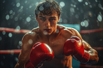 portrait of white young male boxer in red gloves fighting in boxing ring - Powered by Adobe