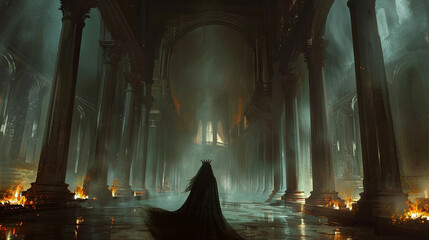 A Queen Standing Within a Burning Castle Corridor Fantasy Art