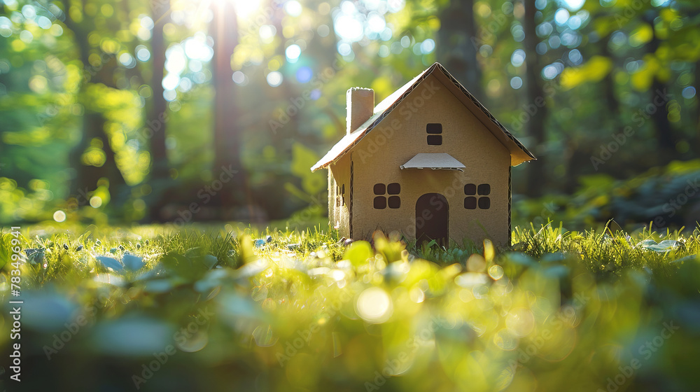 Poster a cardboard house placed on a grassy lawn with sunlight filtering through trees, evoking a concept o