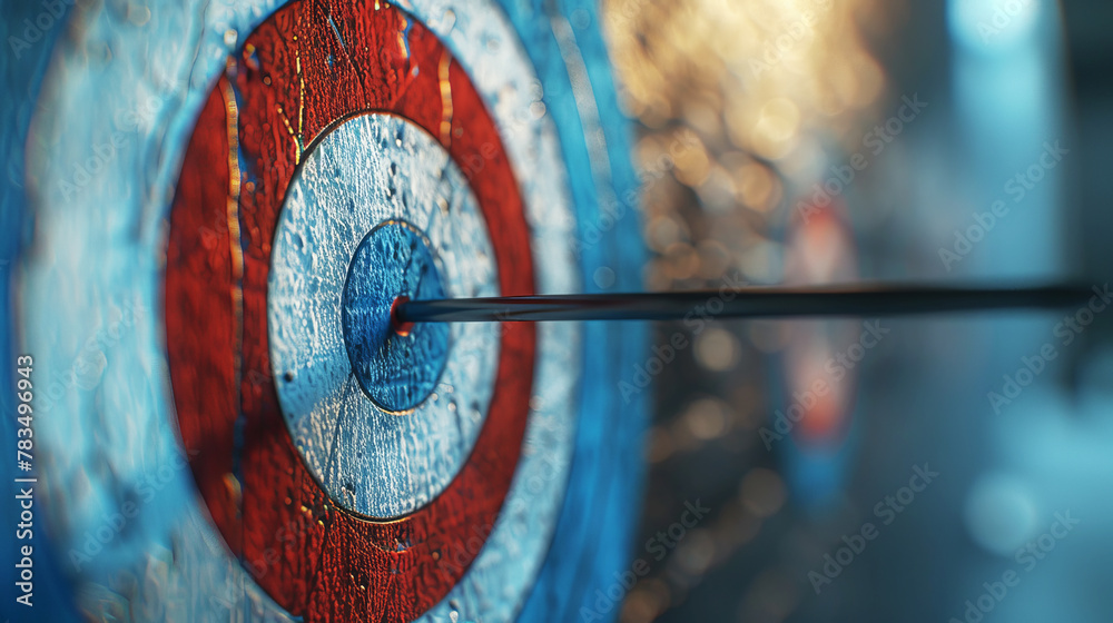 Fototapete Close-up of an arrow hitting the bullseye on a dartboard with a blurred background, encapsulating the concept of success and precision, Generative AI. Generative AI