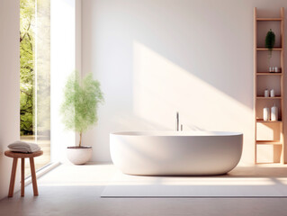 Fototapeta na wymiar A modern bathroom with a freestanding tub, wooden elements, and a view of nature, conveying a peaceful concept. Generative AI