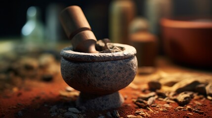 Mortar and pestle with flour on a wooden table.